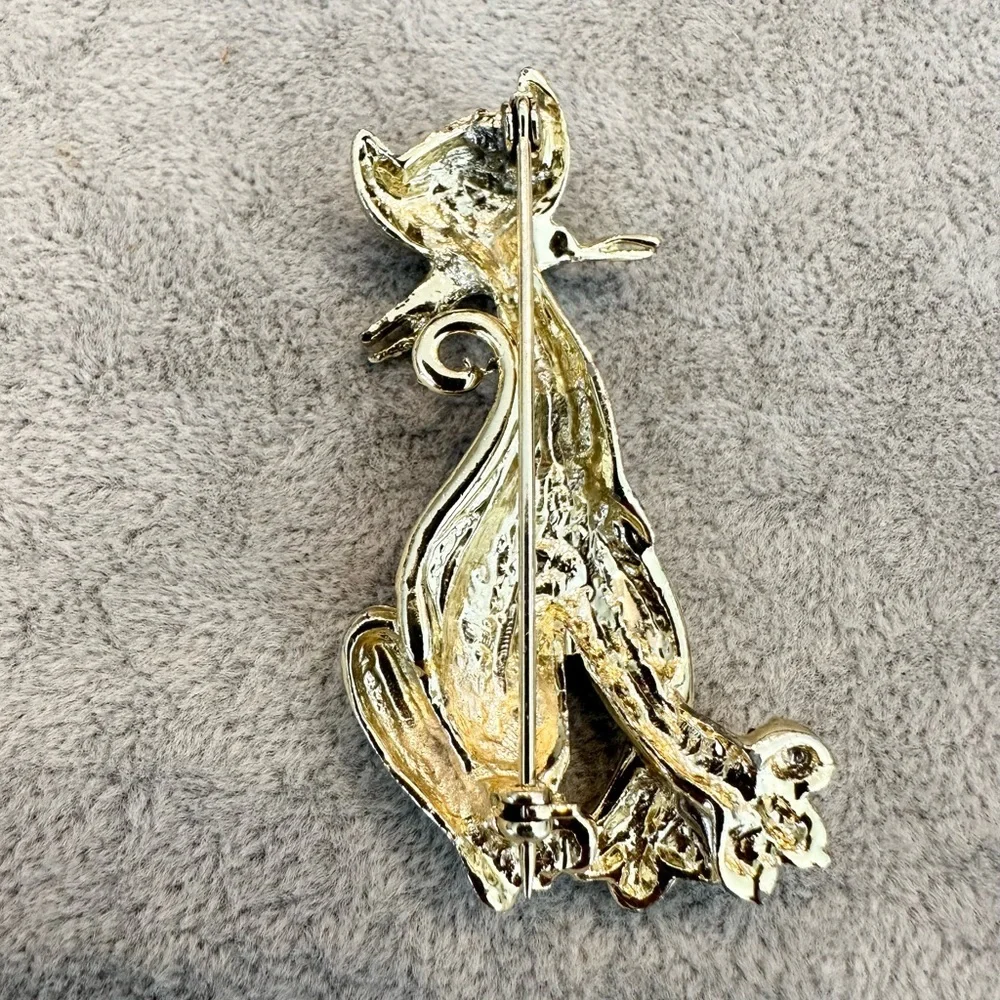 Vintage Elegant French Gold And Black Enamel Rhinestone Whiskers Cat Brooch Pin - Picture 3 of 4